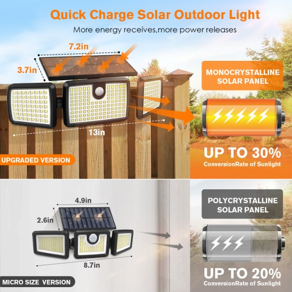 Solar Lights Outdoor, Quick Charge Solar Motion Lights Outdoor with 2500LM 232 LEDs High Brightness, Larger Built-in Tempered Glass Solar Panel, Sensitive PIR Motion Inductor (3-Pack) 